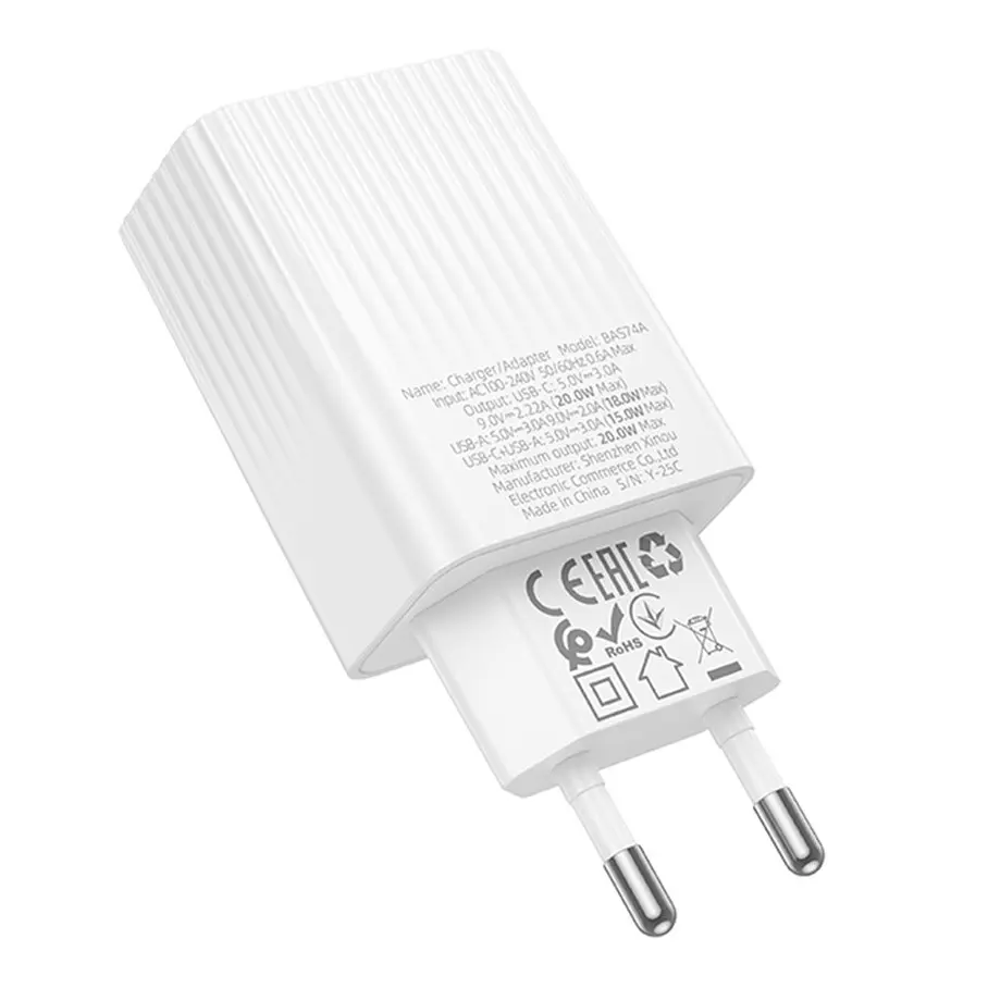 Мережевий зарядний пристрій - адаптер на 2 виходи BOROFONE BAS74A QC3.0 20w USB-A + USB-C білий - фото 3