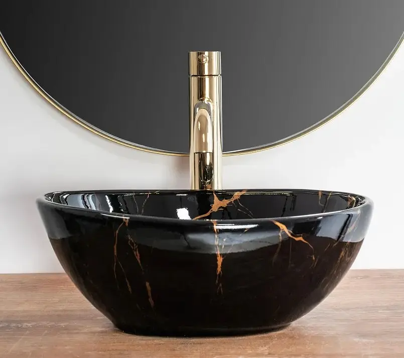 Умивальник Rea Sofia mini black marble shiny накладний REA-U6963, Чорний матовий - фото 5