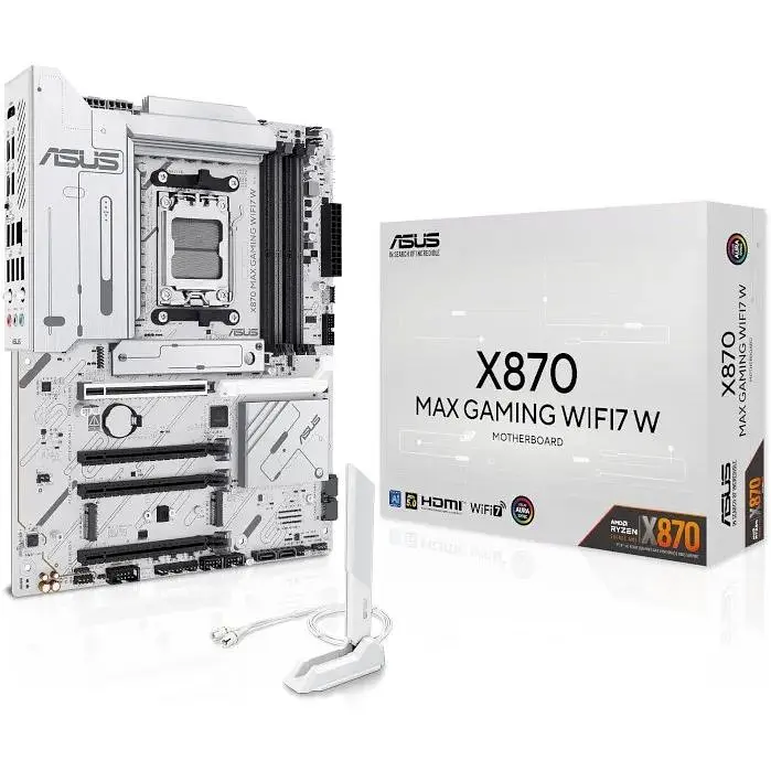 Материнська плата Asus AM5 X870 MAX Gaming WIFI7 W, X870, 4xDDR5, Int.Video (CPU), 4xSATA3, 3xM.2, 1xPCI-E 5.0 x16, 2xPCI-E 4.0 x16, 1xPCI-E 3.0 x16, Realtek 7.1, Realtek 2.5Gb, WiFi 7, Bluetooth 5.4, HDMI/2xType-C, ATX - фото 2