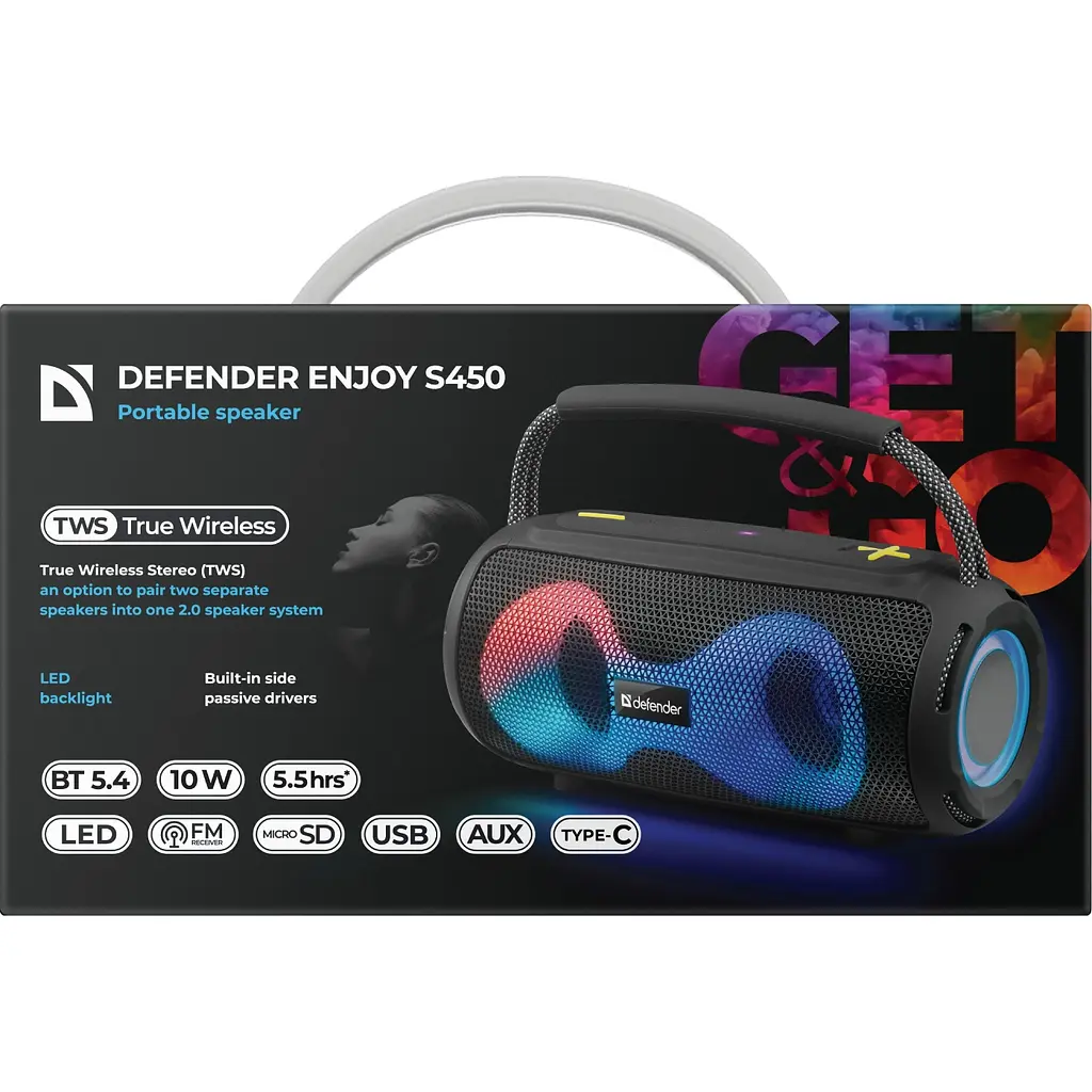 Акустична система 1.0 Defender S450, 10Вт RGB/BT/FM/USB/TF/AUX/TWS чорна - фото 8