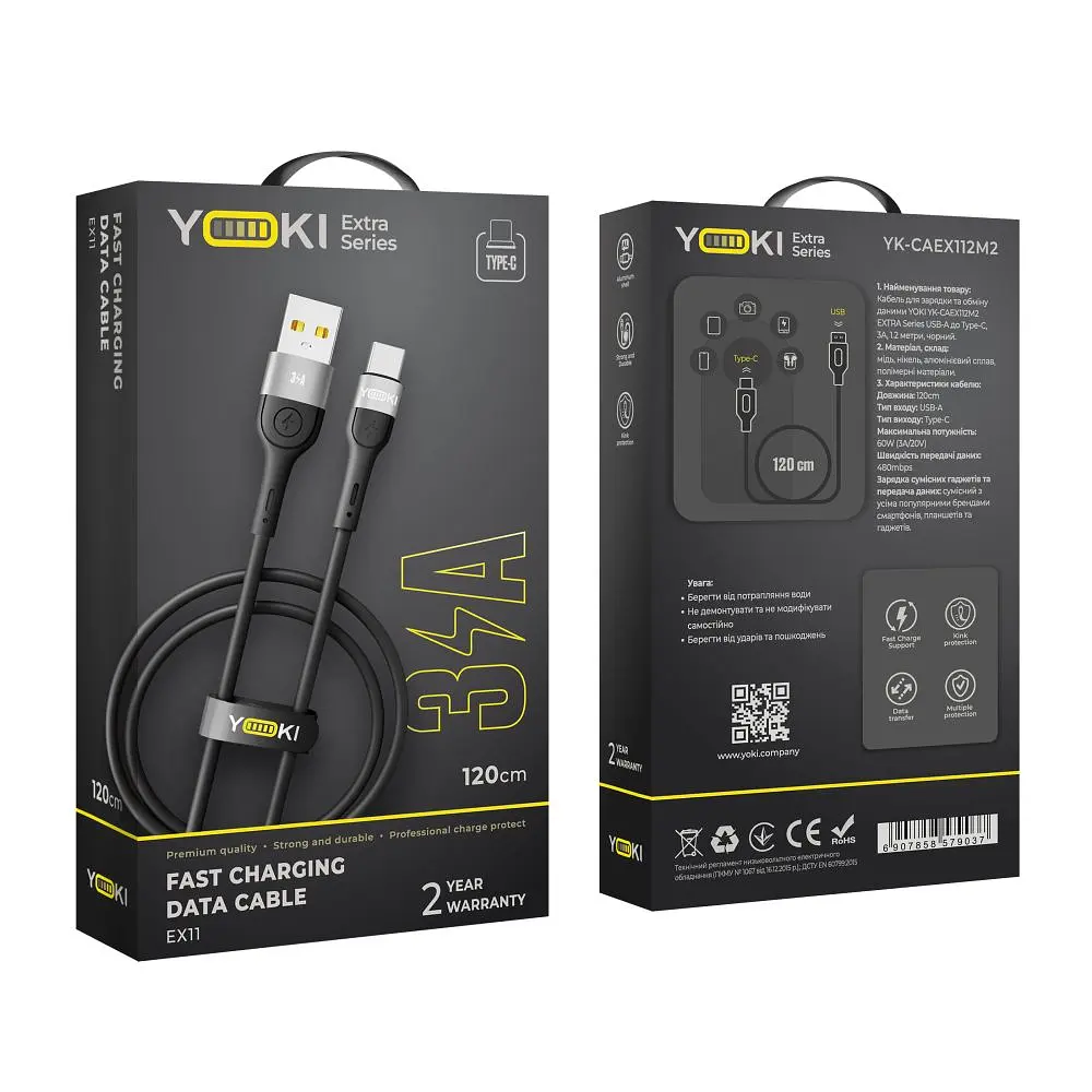 Кабель для заряджання та обміну даними Yoki YK-EX11 EXTRA Series USB/Type C 60W 3A/20V 1.2 m Black - фото 2
