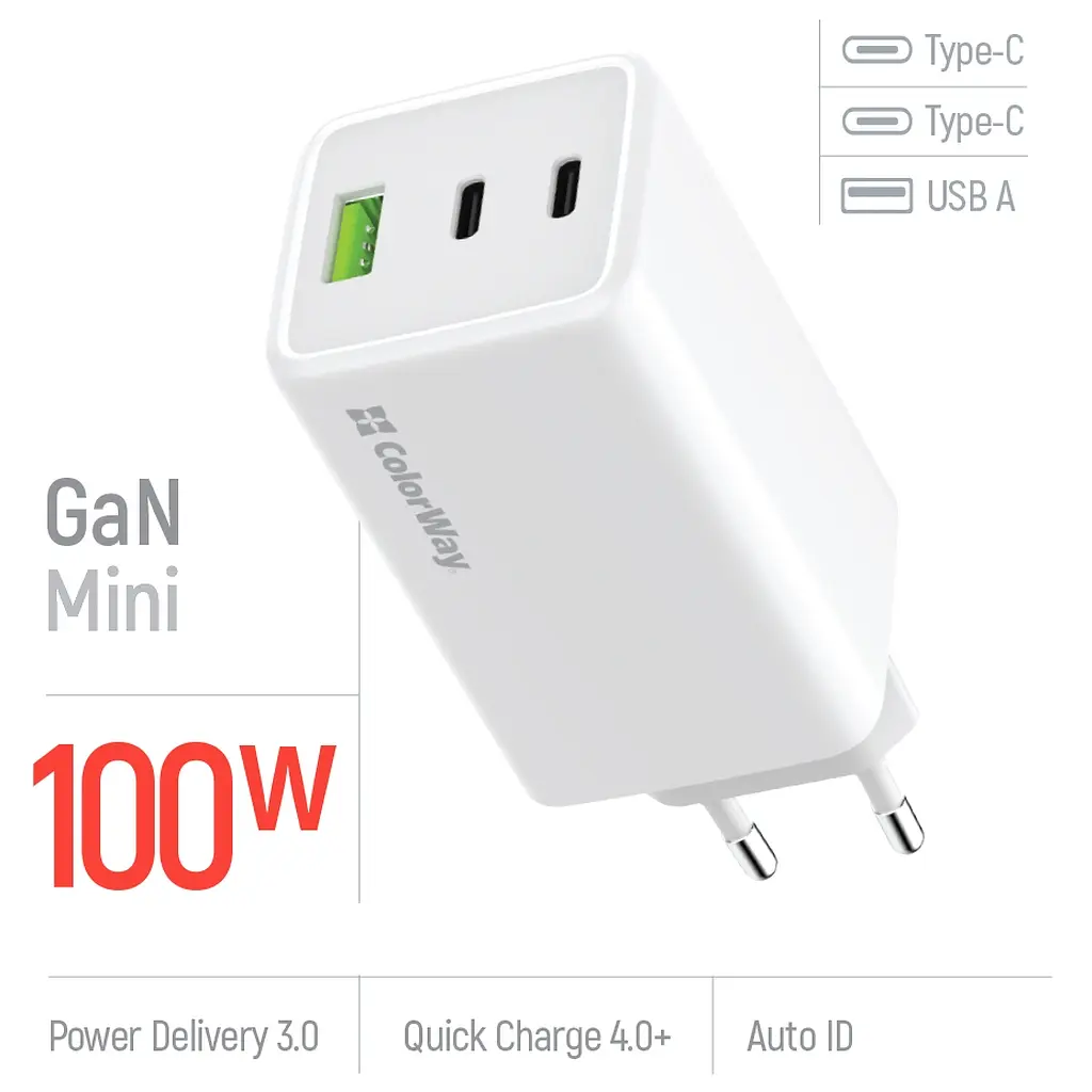 Зарядний пристрій ColorWay C101B GaN Mini 100 Вт PD PPS 2xUSB-C + USB-A білий (CW-CHS061PD-WT) - фото 8