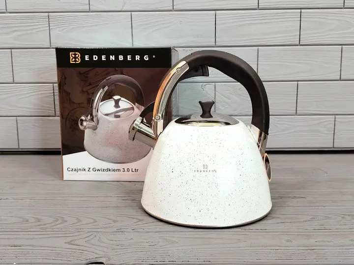 Хороший металлический чайник со свистком нержавеющая сталь с мраморным покрытием Edenberg 3л EB-3541W Белый - фото 5