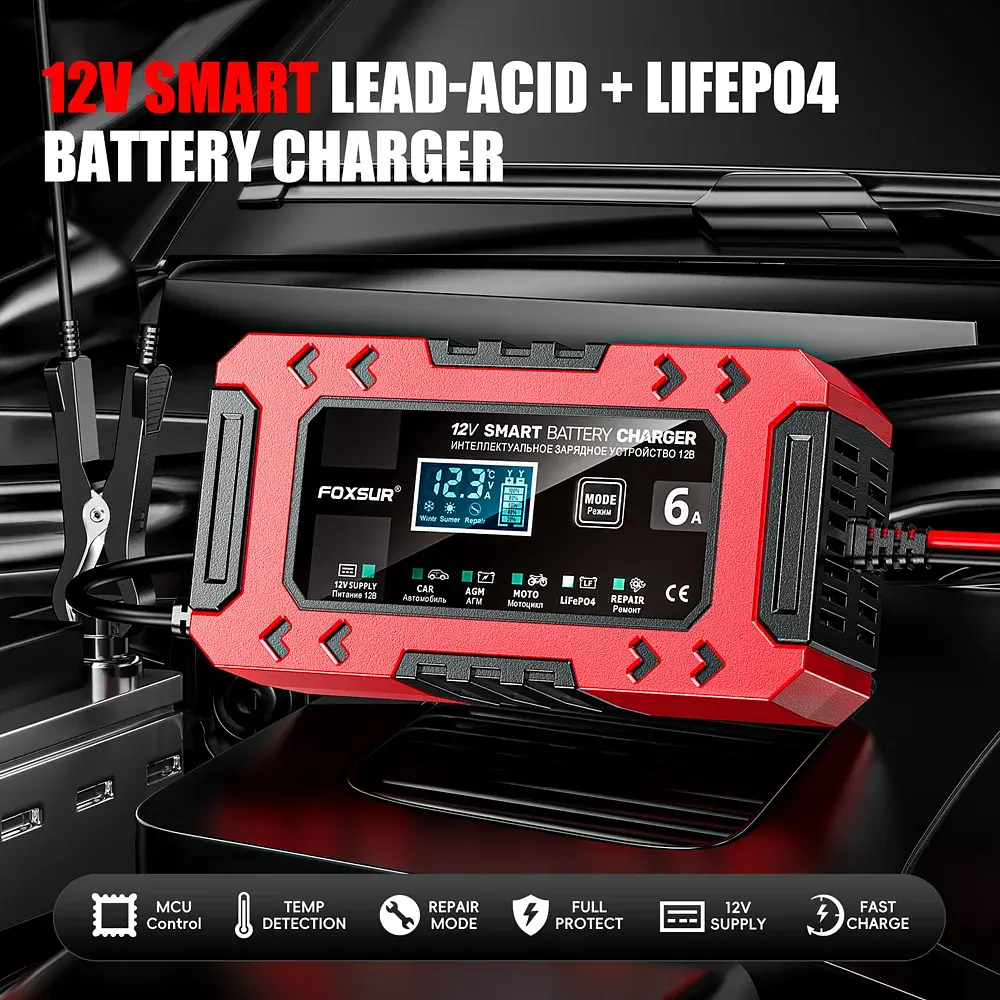 Автомобільний зарядний пристрій Foxsur FBC1206F 12V/6А Автоматичний імпульсний з функцією відновлення Red (19424) - фото 5