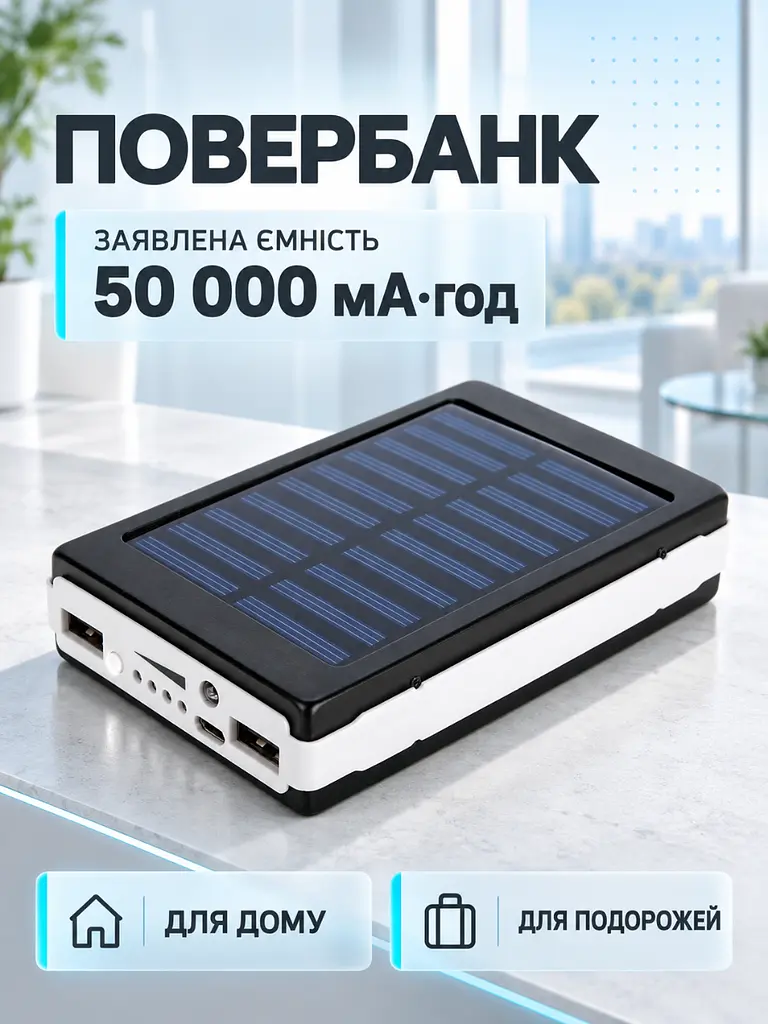 Портативний акумулятор Power Bank 50000 mAh із сонячною панеллю та ліхтариком для подорожей чорний (37261538) - фото 2