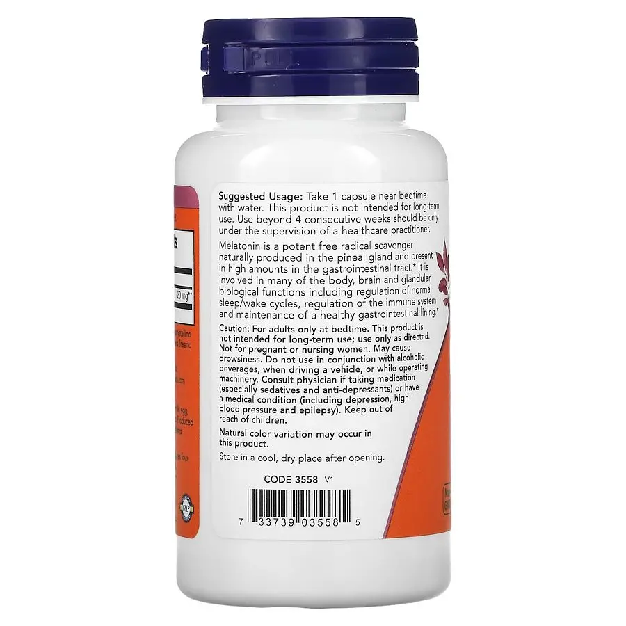Мелатонін NOW Melatonin 20 mg, 90 вегакапсул для гарного сну - фото 3