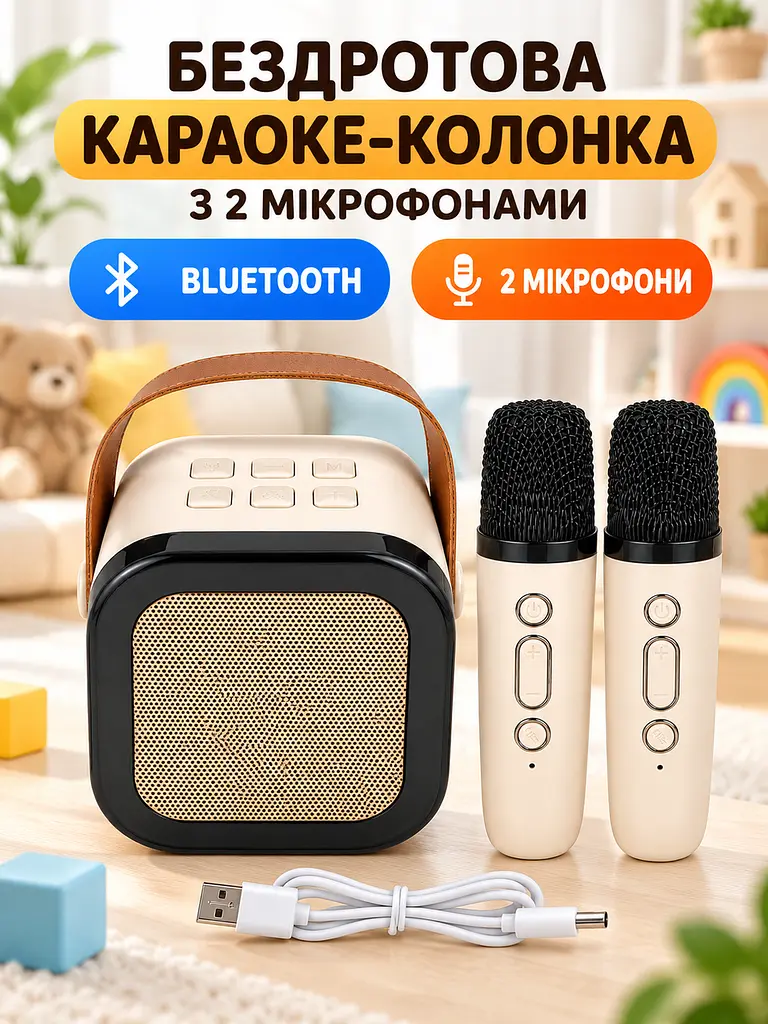 Караоке-колонка Bluetooth с 2 микрофонами, RGB-подсветкой, 10 Вт бежева (49676425) - фото 2