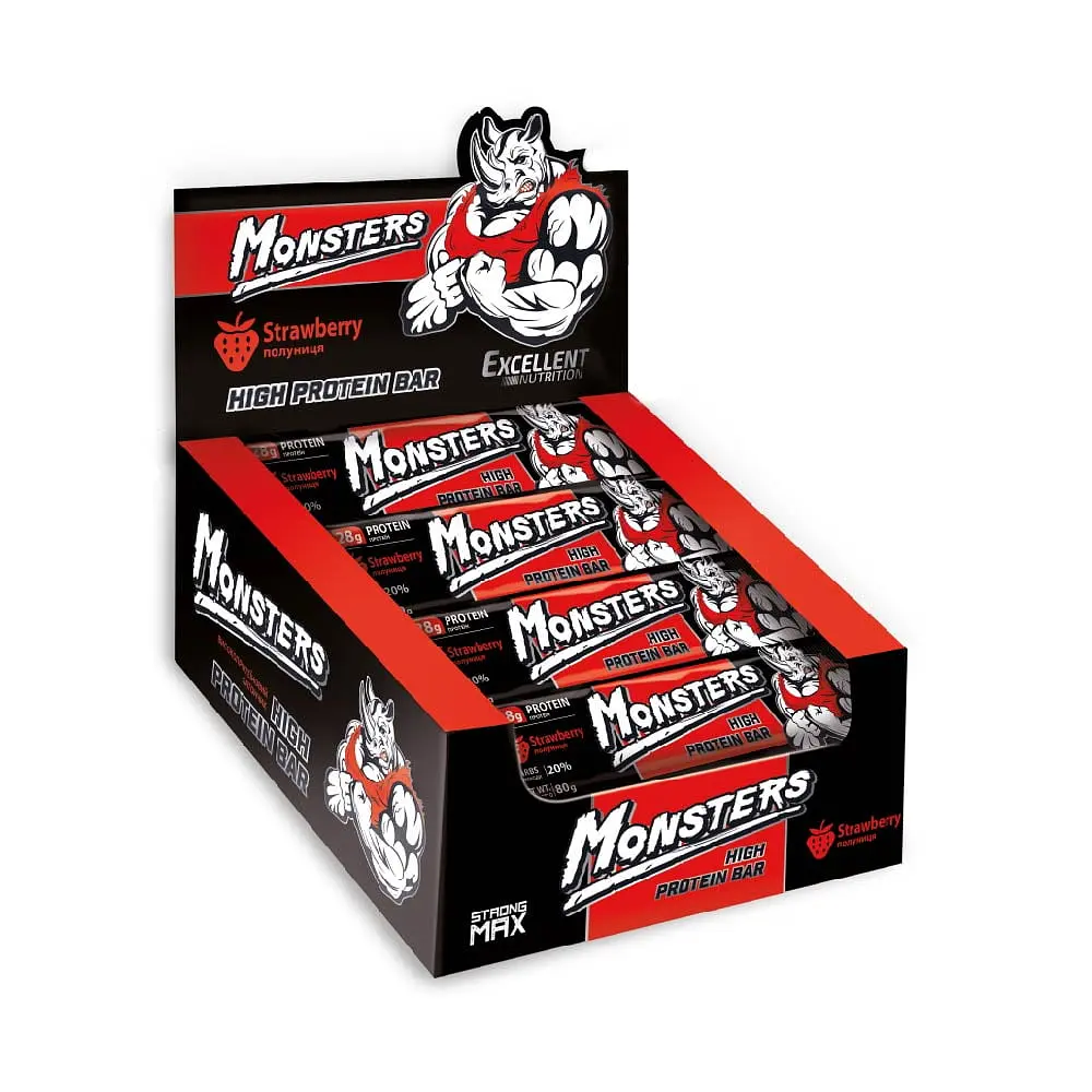 Протеїнові батончики Monsters Strong Max - 80г x 20шт Полуниця