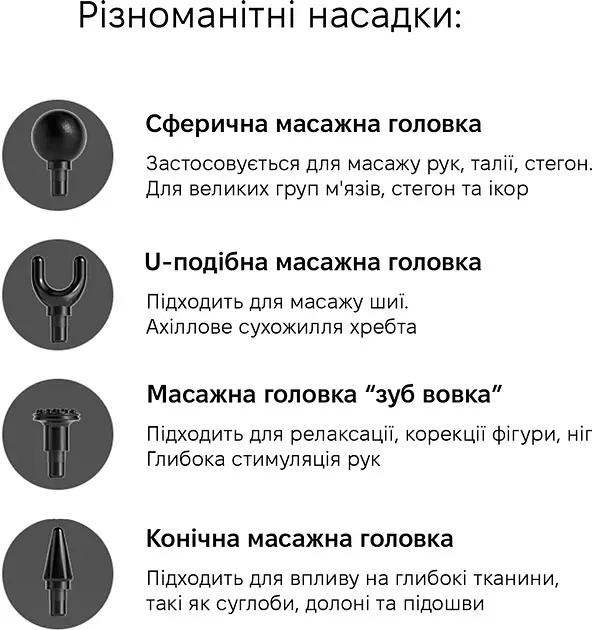 Ударний масажер для м'язів тіла ручний акумуляторний м'язовий USB вібромасажер пістолет з 4 насадками Fascial Gun HB 007 - фото 7