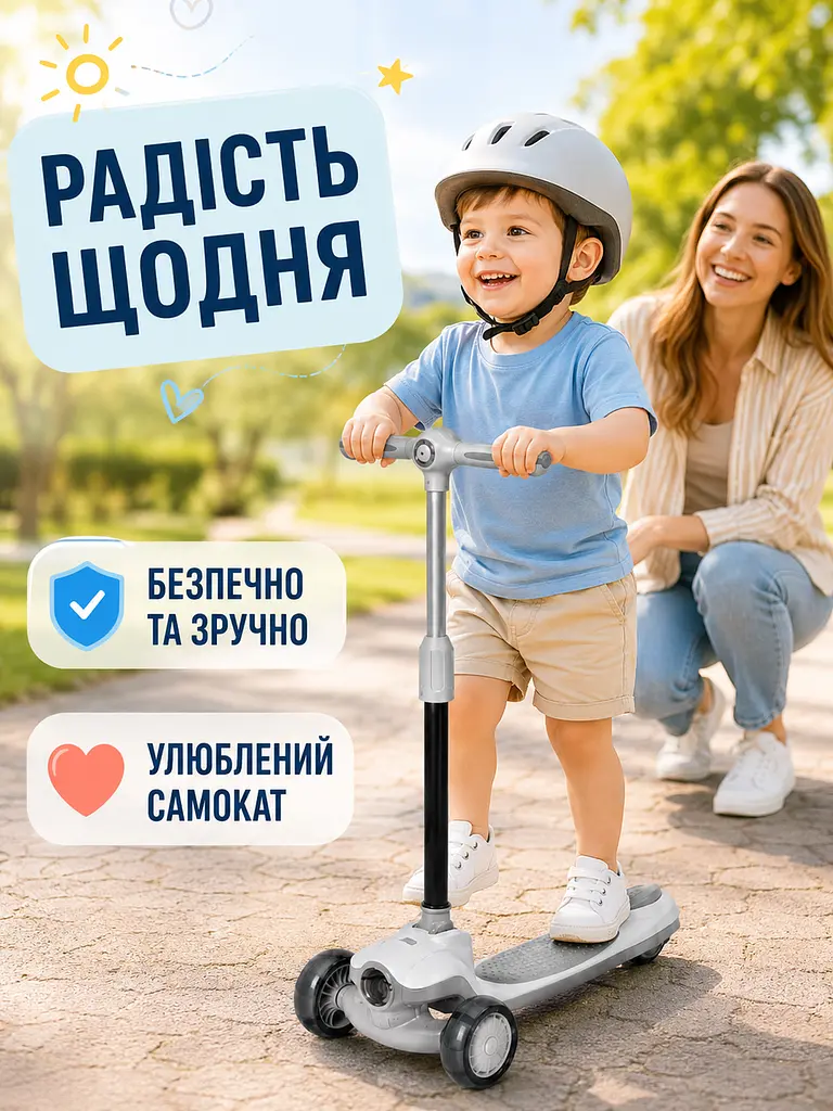 Дитячий самокат триколісний білий з підсвічуванням коліс музикою та регульованим кермом (49675965) - фото 8