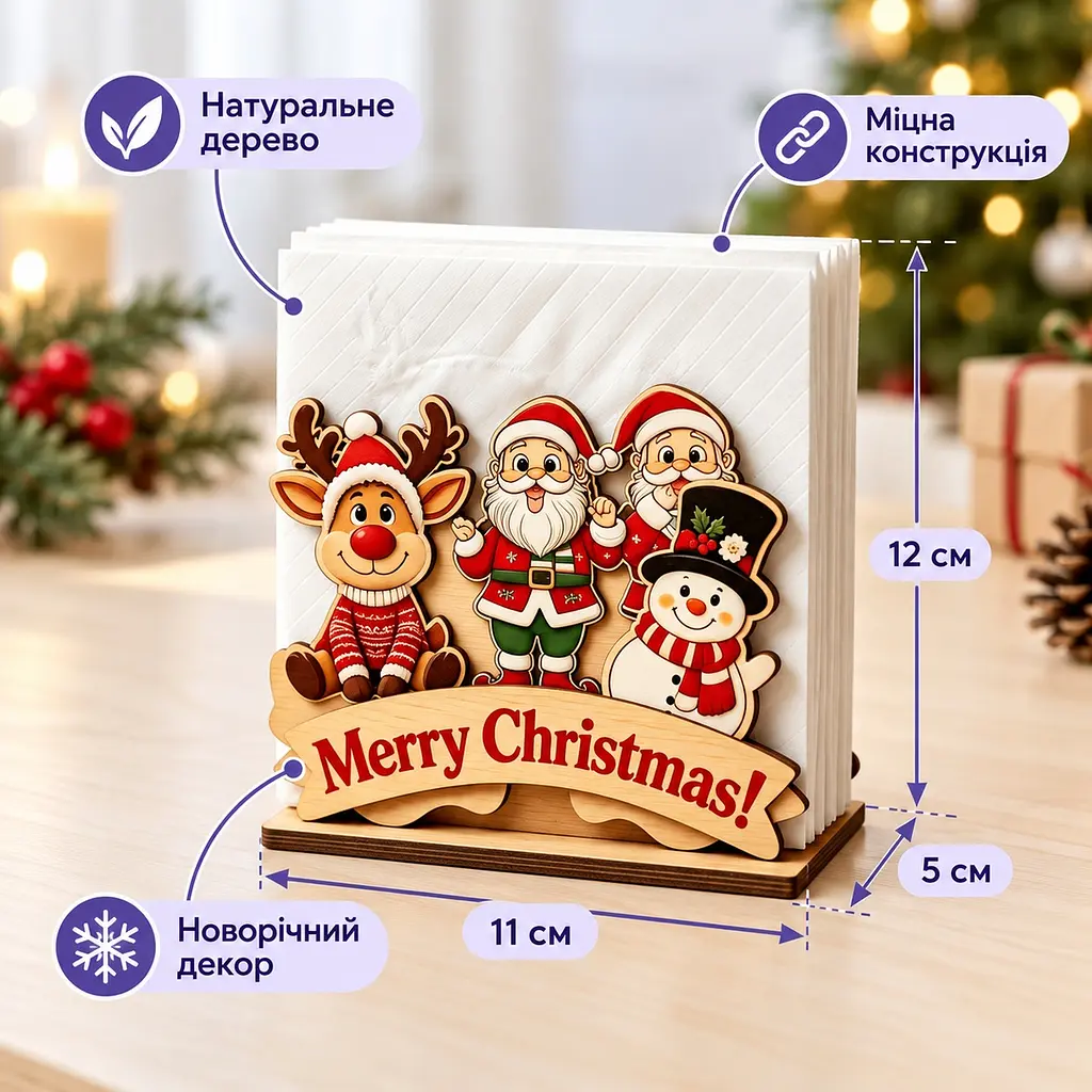 Тримач для серветок дерев'яний новорічний Санта-Клаус Сніговик Олень Merry Christmas - фото 4