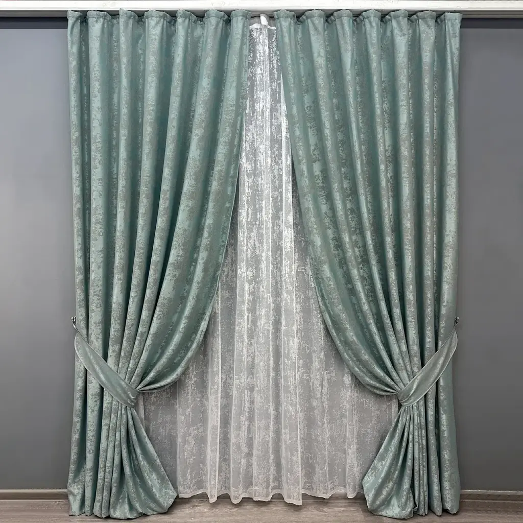 Комплект штор з тюлем VR-Textil Жакард Мармур, бірюзово-сірий з білим, 2 штори 100×270 см + тюль 300×270 см, арт. 71-118/1