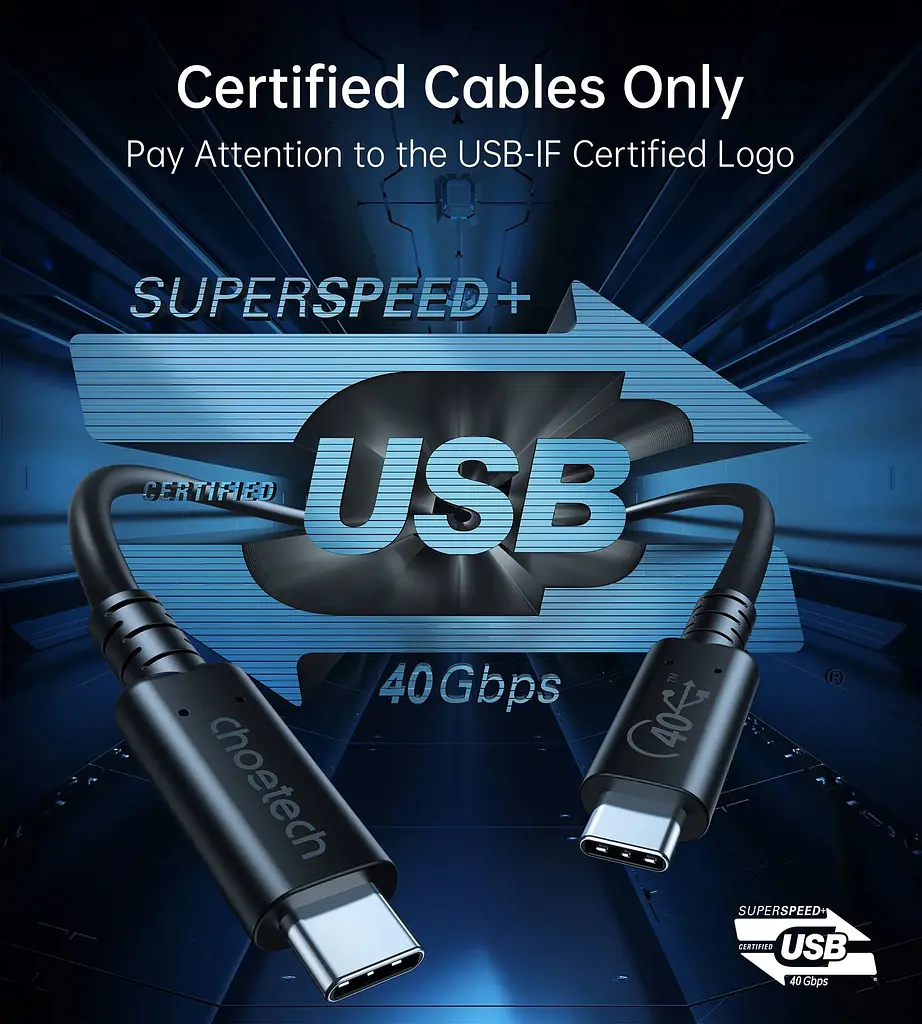 Кабель USB 4.0 Thunderbolt Type-C M-M, 0,8 м, Gen 3 100W 40Gbps 8K@60Hz Choetech - фото 7