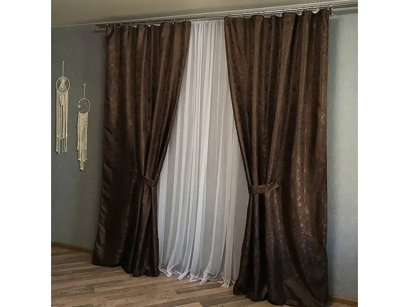 Жакардові штори шоколадного кольору 2шт. 150х270 з білим шифоновим тюлем 400х270, на тасьмі ALBO pbe0052681 - фото 5