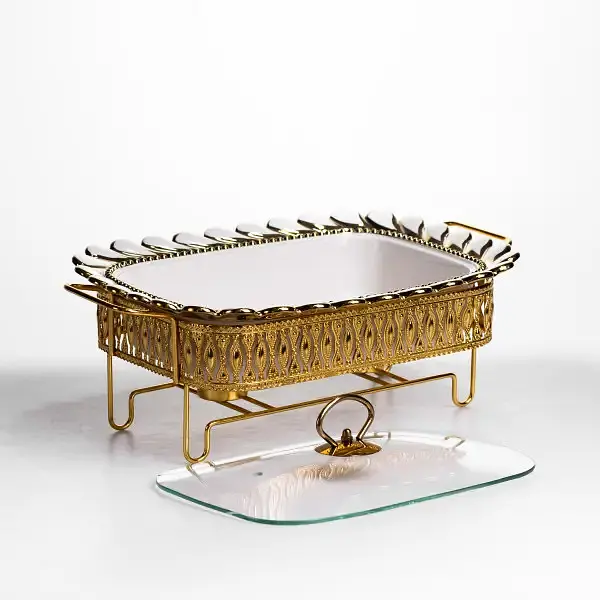 Мармитница фарфоровая Yiwu Tiffany 1.5 л квадратная со стеклянной крышкой на металлической подставке с подогревом 34х26х7 см для первых блюд SX42-2 - фото 3