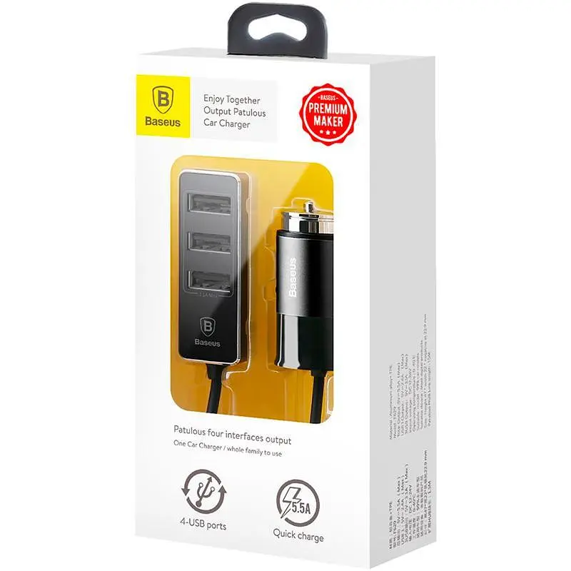 Автомобільний зарядний пристрій Baseus Enjoy Together 4USB QC CCTON-01 5.5A Black - фото 3