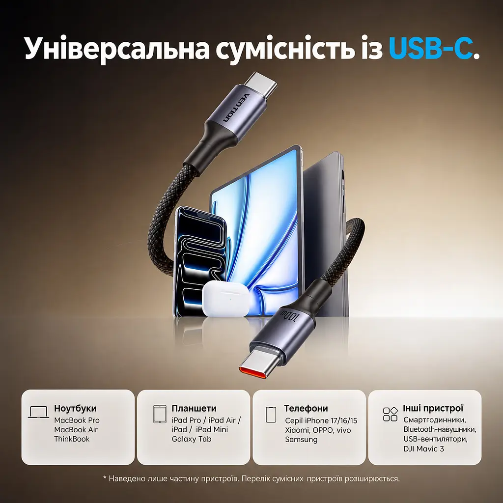 Кабель Vention TSGBF USB-C - USB-C PD 100 Вт 1 м чорний (TSGBF) - фото 9