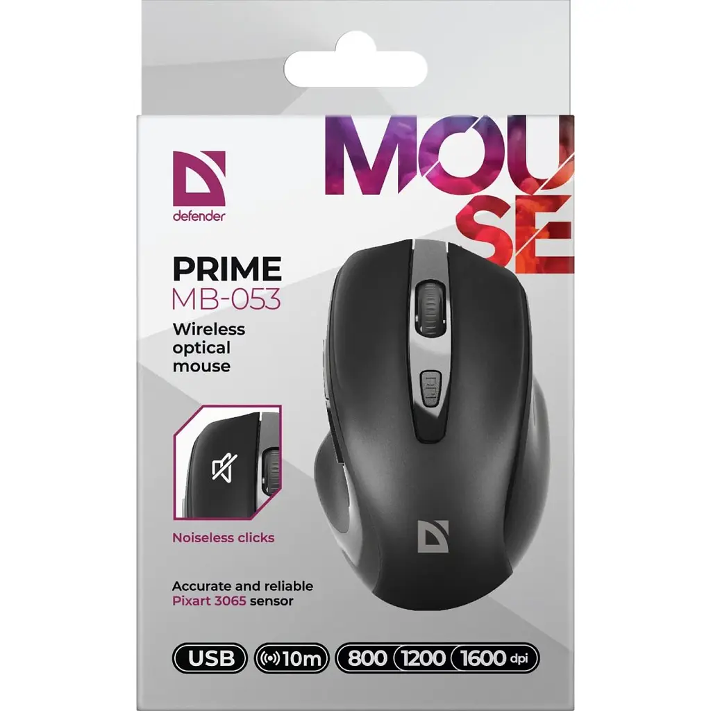 Комп'ютерна мишка Defender Prime MB-053 бездротова 6 кн. до 1600 dpi безшумна чорна (52053) - фото 3
