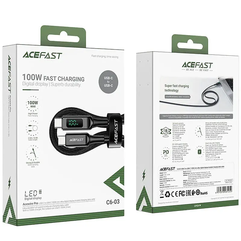 Кабель для передачі даних C6-03 Type-C to Type-C 100W Digital Display (2 m) Black Acefast teh0030042 - фото 5