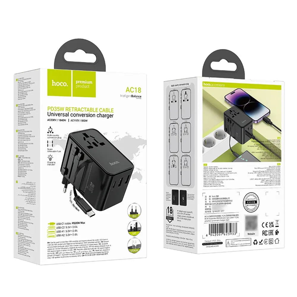 Мережевий зарядний пристрій Hoco AC18 2 USB/ Type-C PD 35W чорний - фото 9