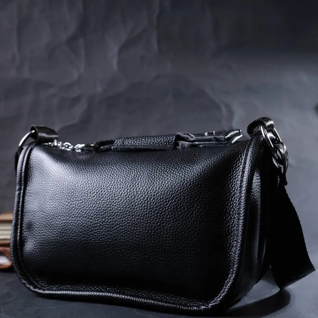 Жіноча сумка із заокругленими краями з натуральної шкіри Vintage 22253 чорна - фото 7