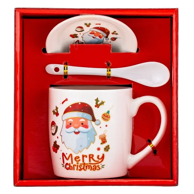 Чашка новогодняя Elisey 9150-005-3 Merry Christmas керамическая с ложкой и блюдцем 350 мл Белая - фото 3