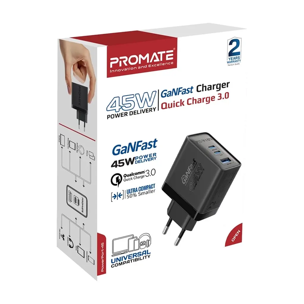 Зарядний пристрій Promate powerport-45 2xUSB-C PD + USB-A QC 45W Black (powerport-45.black) - фото 7