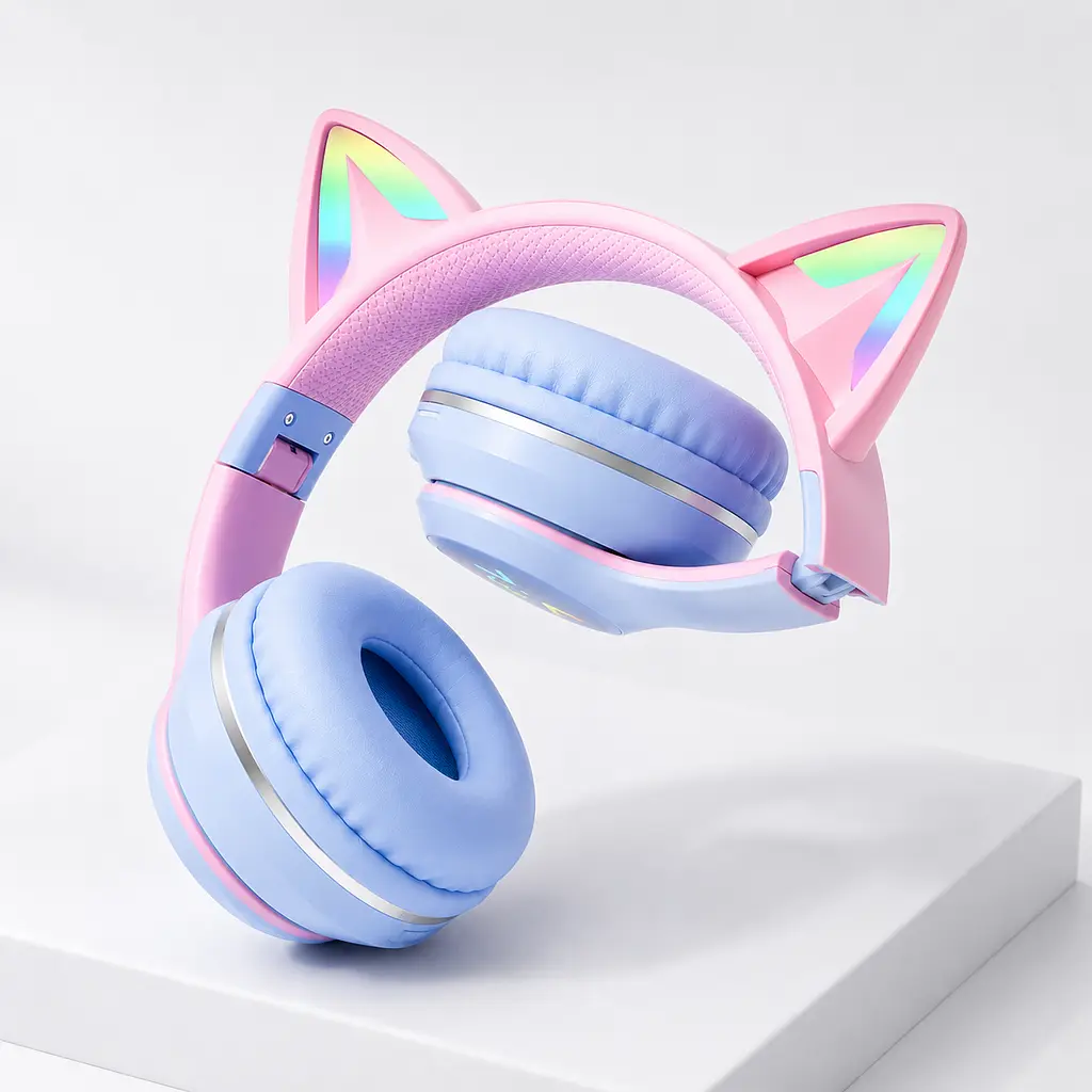 Дитячі бездротові навушники CATEAR BT618 з вушками та RGB-підсвіткою Bluetooth Синьо-рожеві - фото 2