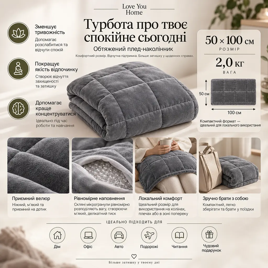 Плед обтяжений на коліна Love You 50×100 см 2 кг сірий (ly4720) - фото 6