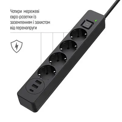 Мережевий фільтр живлення ColorWay (CW-CHE435PDB), 4 розетки/3USB 5M (CW-CHE435PDB) - фото 9
