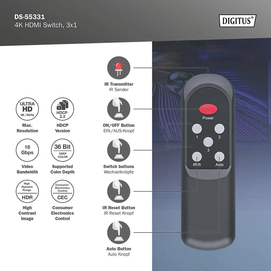 Відеокомутатор Digitus UHD HDMI (INx3 – OUTx1), 4K - фото 10