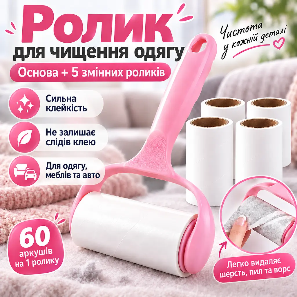 Ролик липучка для чищення одягу від шерсті та ворсу з ручкою + 5 змінних ролика по 60 аркушів KT9004405