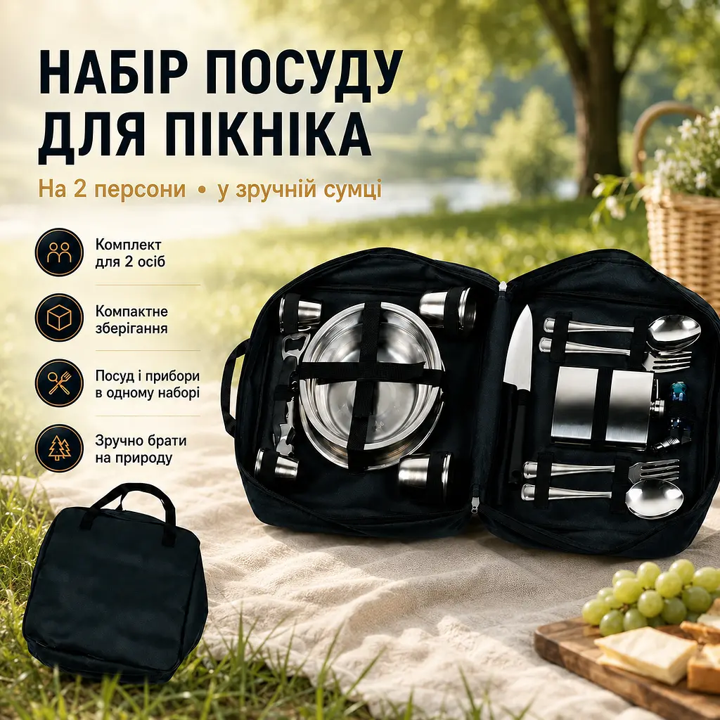 Набір посуду для пікніка на 2 персони в сумці, 17 предметів, нержавіюча сталь з флягою - фото 2