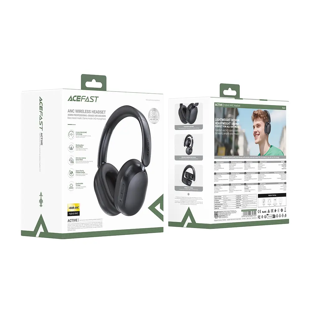 Бездротові накладні навушники Acefast H12 hybrid active noise cancelling wireless headset Black (6974316285724) - фото 2