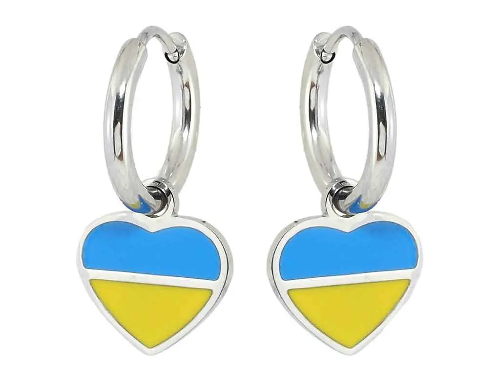 Сережки Xuping TTM Stainless Steel колір Родій підвіски на колечках "Сердечки Патріотичні жовто- блакитні" (169102)