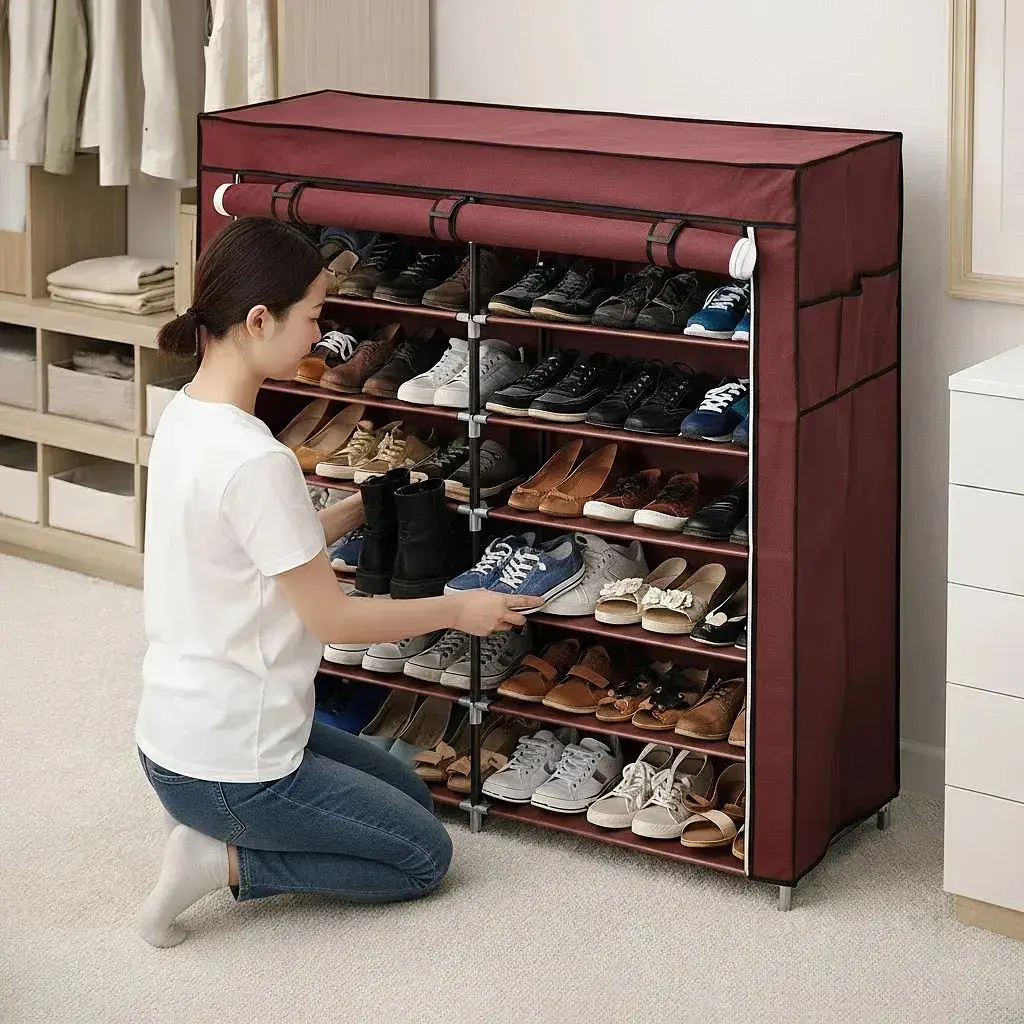 Бордова тканинна шафа для зберігання взуття Shoe Cabinet 118х30х120 см - фото 2
