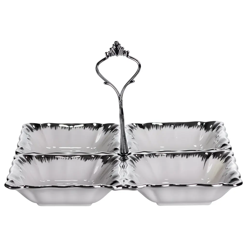 Менажница фарфоровая на 4 секции для закусок тарелка менажница 22.5×22.5×3 (см) с ручкой Белый с серебром Yiwu LC-BYL-101-S - фото 4