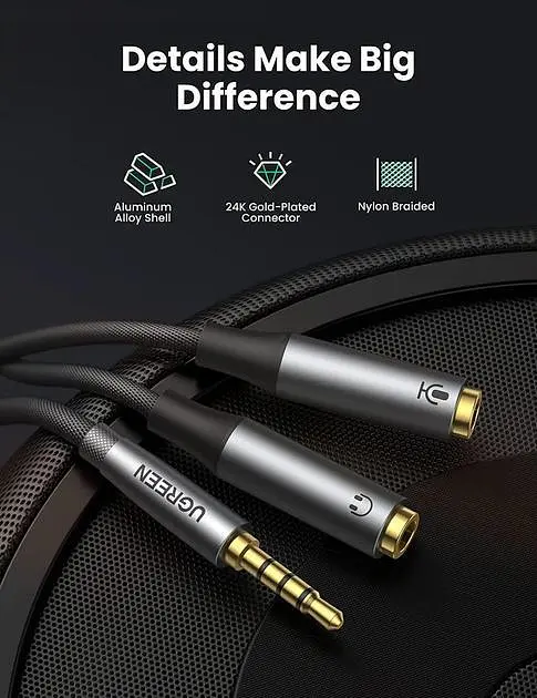 Спліттер UGREEN перехідник-розгалужувач 3.5mm AM to 3.5mm 2 AF з нейлоновою оплеткою 20СМ Metal Black (AV192) - фото 6