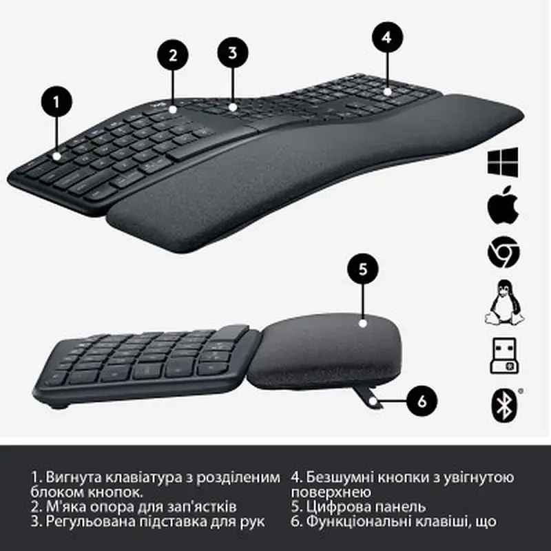 Клавіатура Logitech ERGO K860 Bluetooth/Wireless UA Black (920-010108) - фото 6