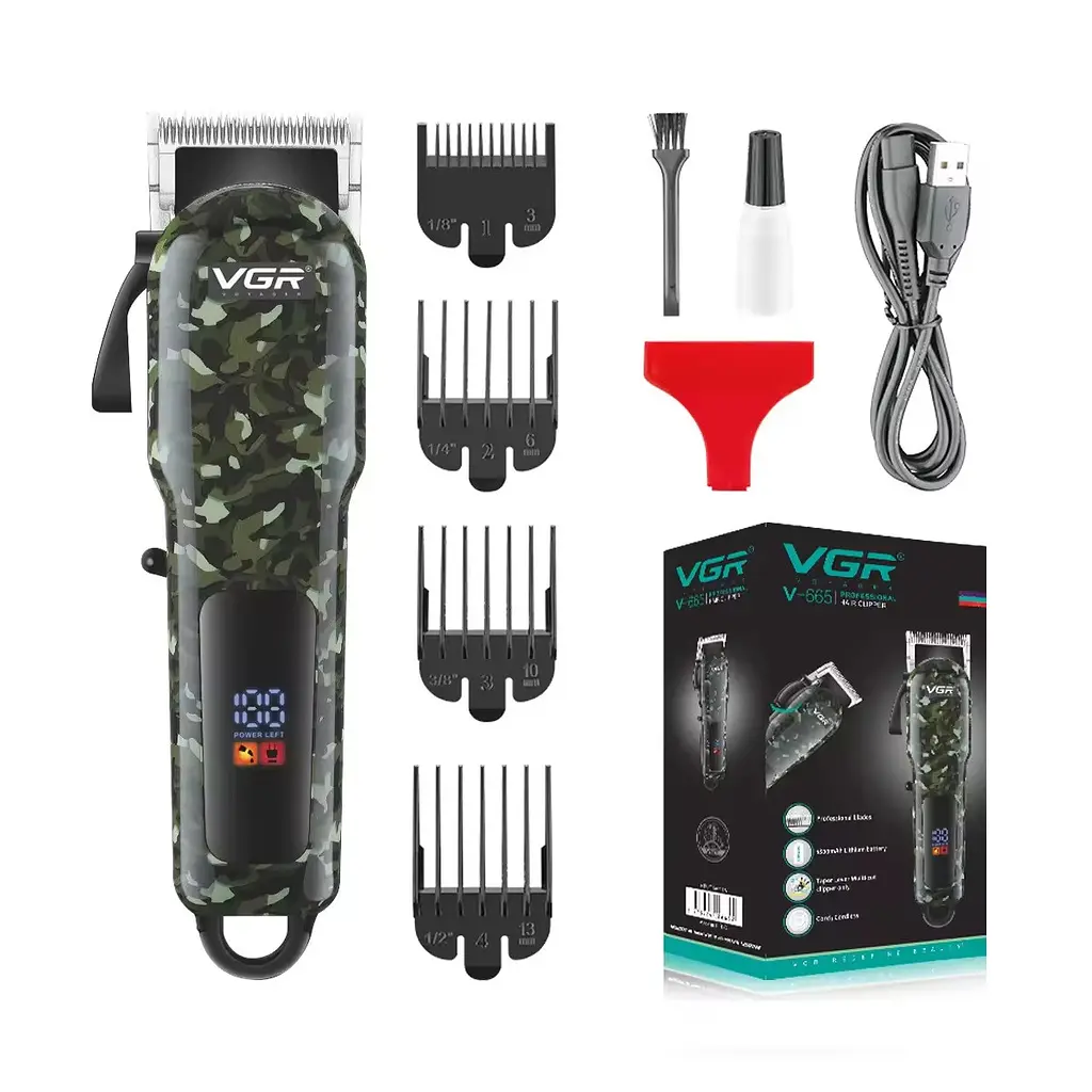 Машинка для стрижки волосся VGR V-665 LED-дисплей акумуляторна 6 насадок 1800mAh 7W Camo - фото 2