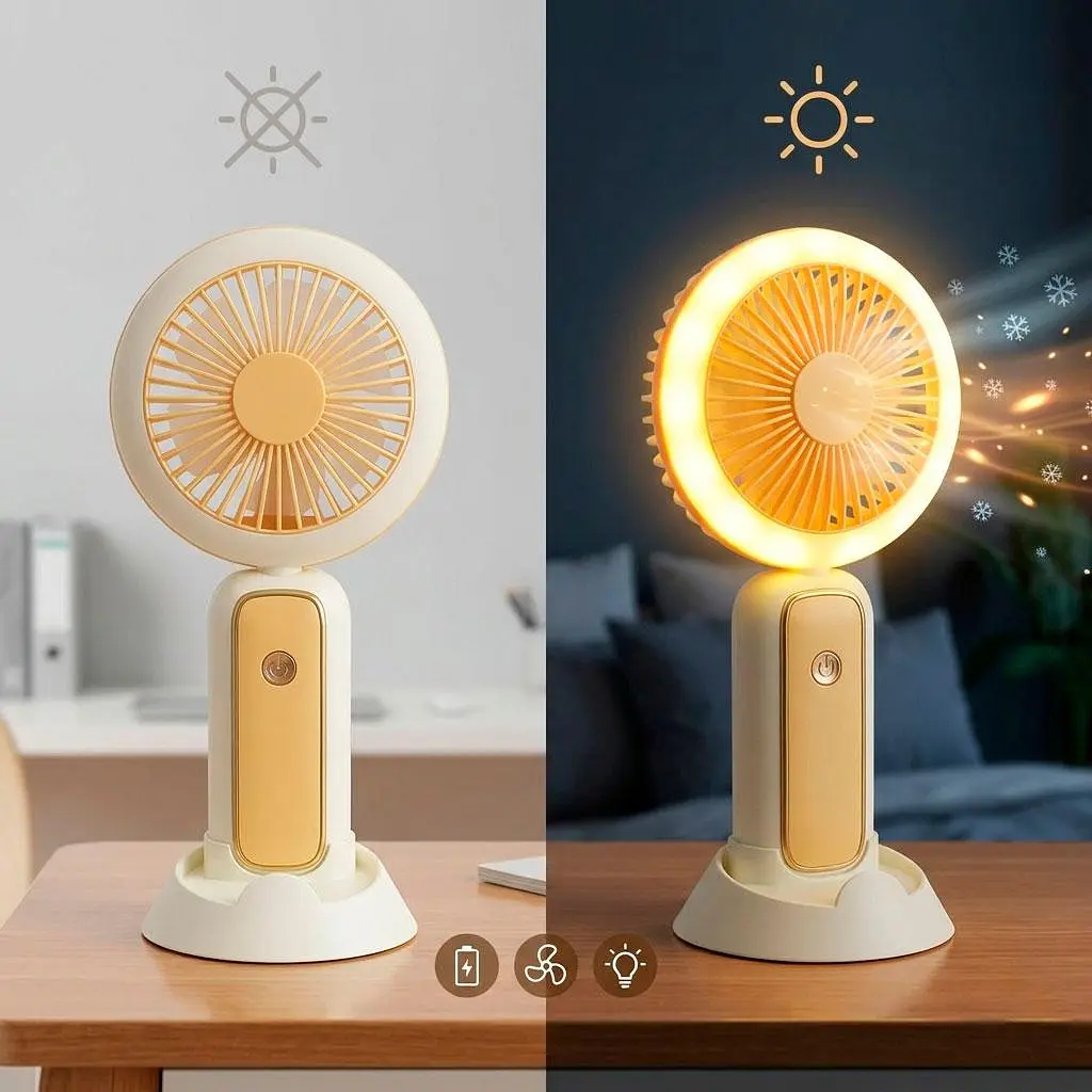 Акумуляторний мінівентилятор Mini Portable Fan 3 Вт, жовтий, вентилятор із підсвіткою і тримачем для телефона - фото 2