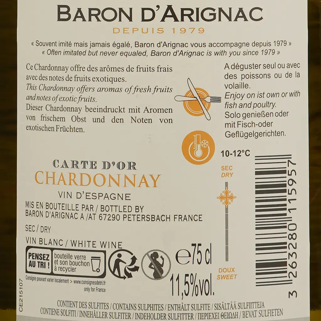 Вино Baron d'Arignac Chardonnay, 13%, 0,75 л - фото 3