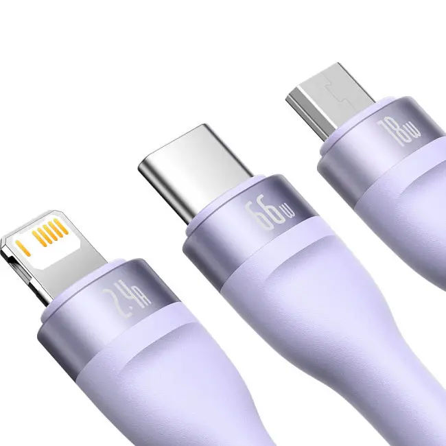 Кабель Baseus Flash Series Ⅱ 3-in-1 Cable USB to MicroUSB+Lightning+Type-C 66W 1.2m CASS040005 Purple - фото 3