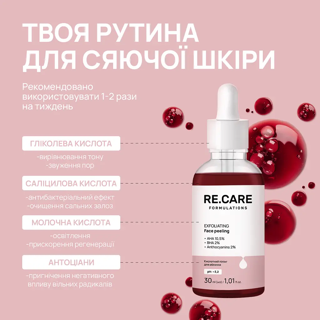 Кислотний пілінг для обличчя Exfoliating Face peeling RE.CARE 30 мл - фото 2