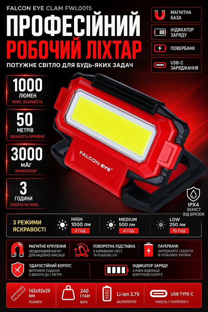 Ліхтар професійний Falcon Eye Clam FWL0015 COB LED 1000 лм 3000 мАг USB-C Червоний - фото 3