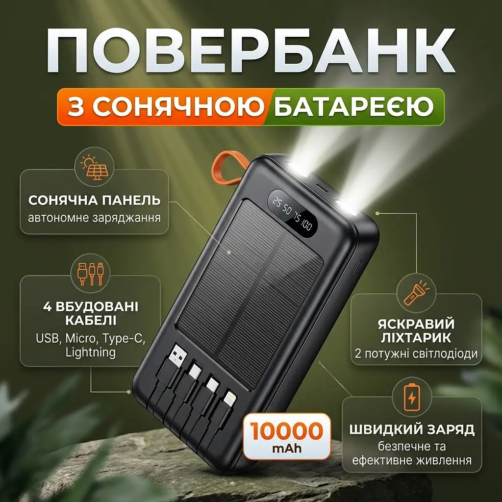 Зовнішній акумулятор Power Bank ACL PW-59 SOLAR 10000 mAh з сонячною панелью та подвійний ліхтар USB-A та USB-C вбудовані кабелі - фото 2