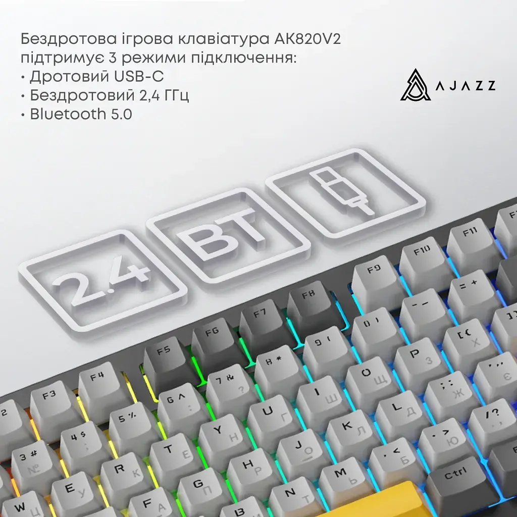 Клавіатура Ajazz AK820 V2 Coconut Flake Switch Wireless/Bluetooth/USB UA Purple/White/Blue (AK820-V2-CF-PWB) - фото 7
