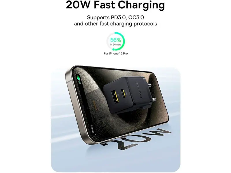 Мережевий зарядний пристрій BASEUS Palm Fast Charger 20 W Type-C to Type-C cable Black (P10111608113-01) - фото 10