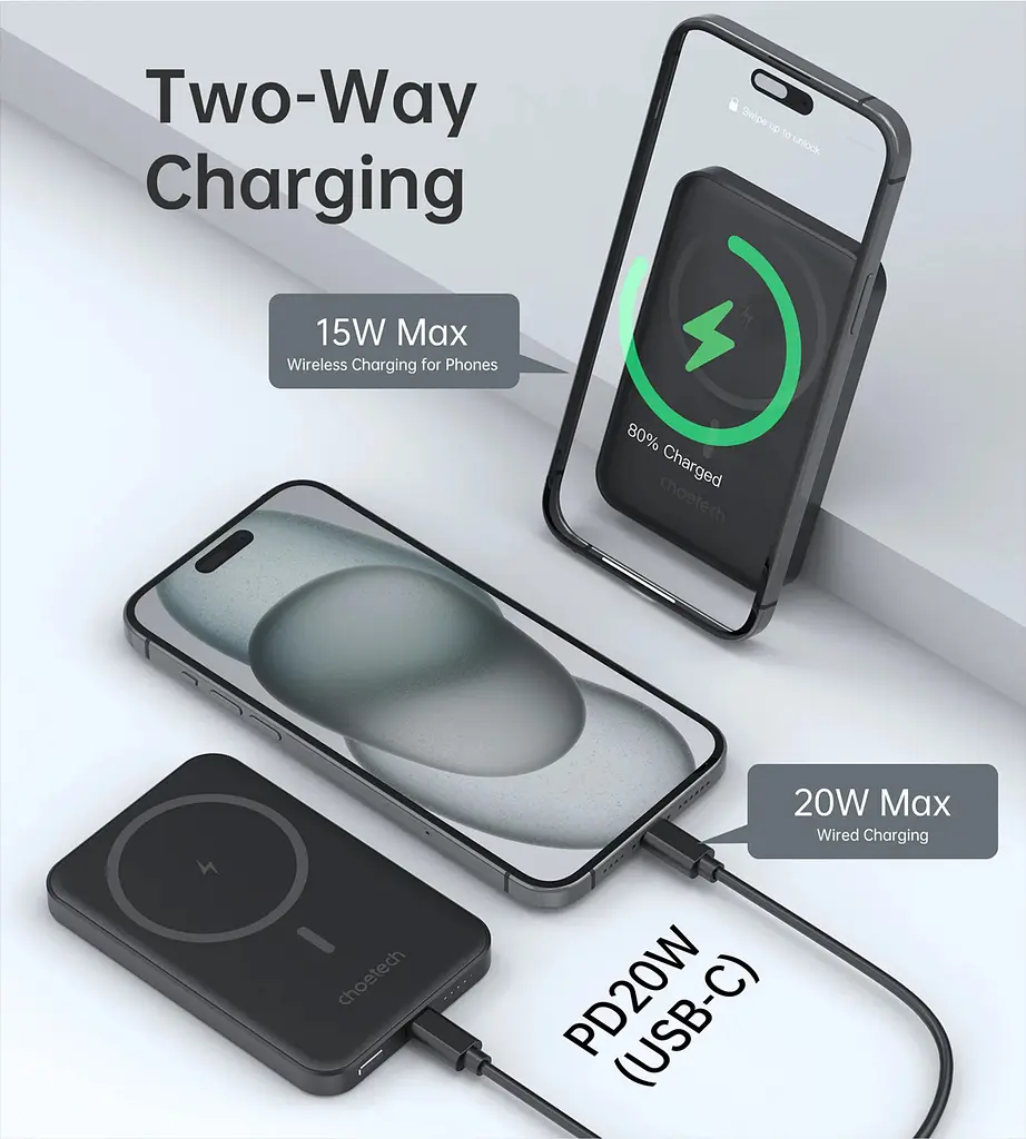 УМБ Choetech Magnetic Wireless 5000mAh 20W PD Qi-15W USB-C In/Out, тонкий, Black - фото 7
