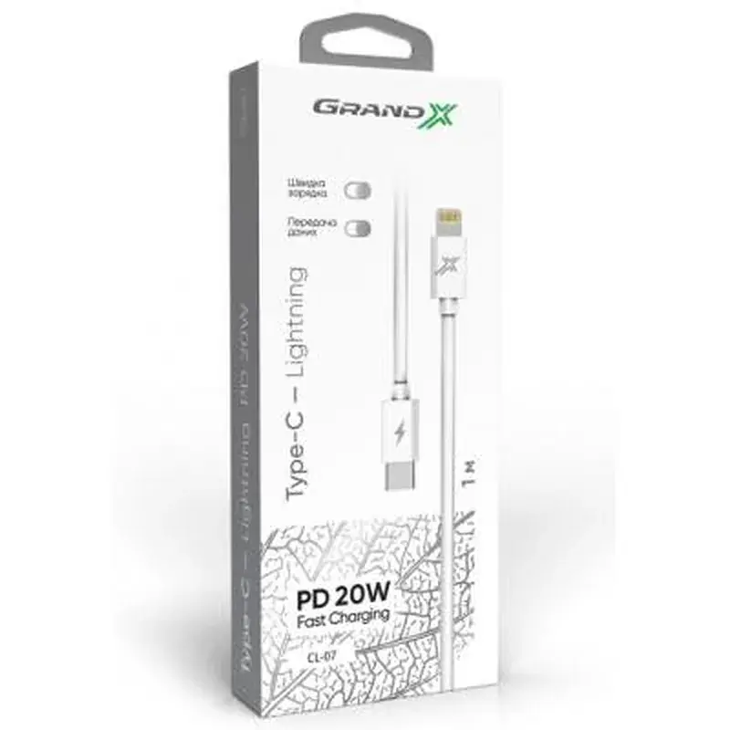 Дата кабель USB-C to Lightning 1.2m white Grand-X (CL-07) - фото 3